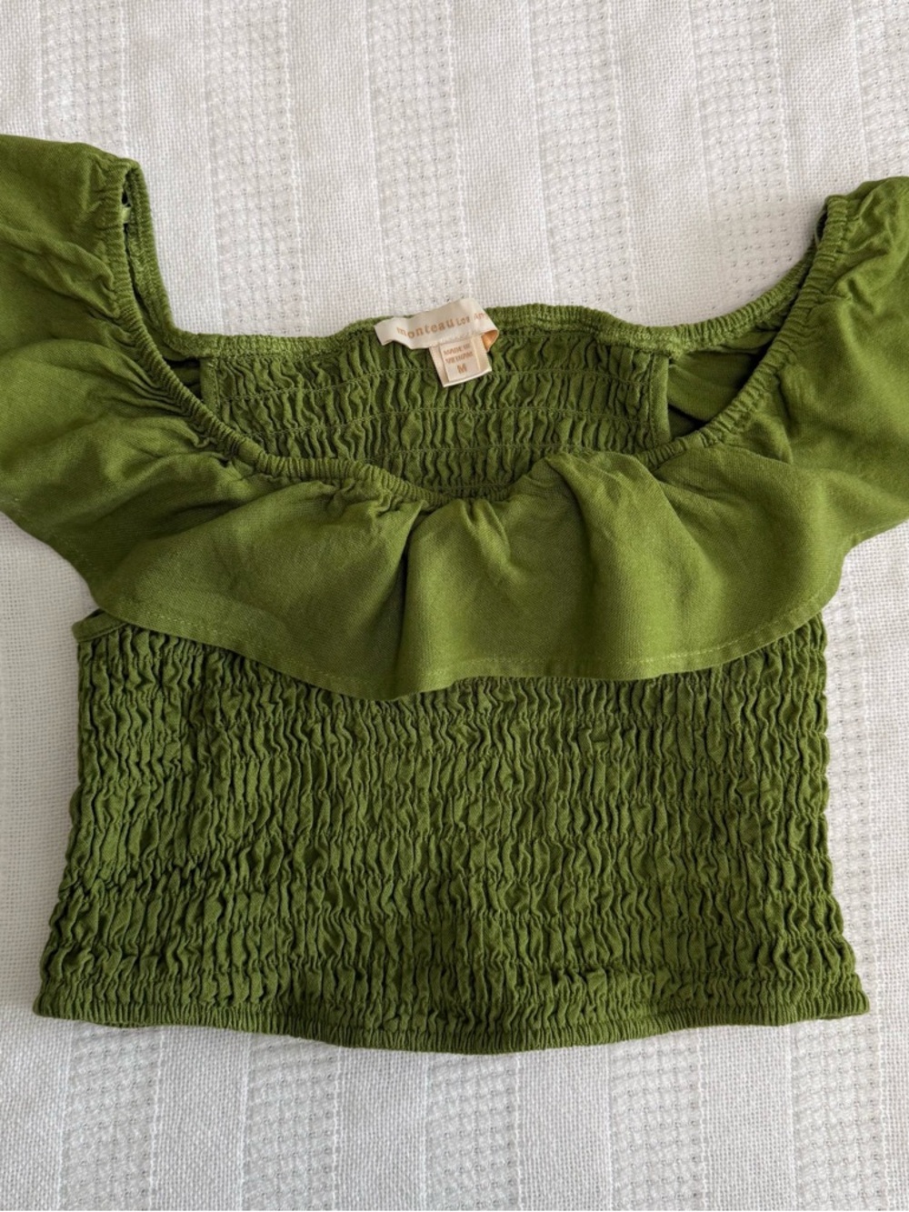 Monteau Bright Olive Green Linen Blend Set with cropped Smocked Ruffled Top - Picture 4 of 11